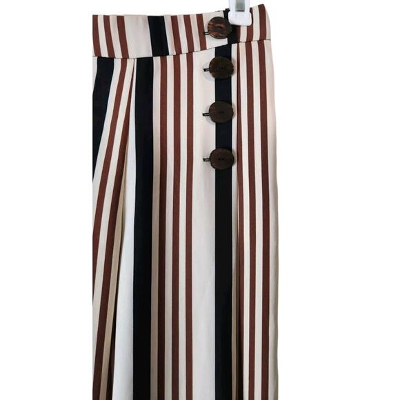Women's ZARA Multi-Color Striped Palazzo Tan Brown Cream Button Pants Sz Medium - Picture 6 of 7